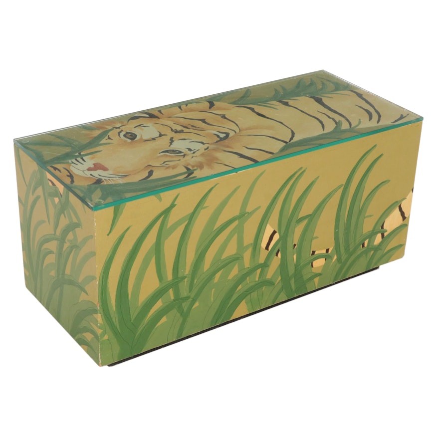 Hand Painted Tiger-Motif Glass Top Coffee Table, 21st Century
