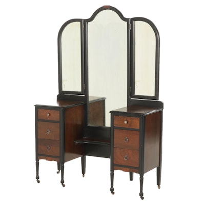 Neoclassical Style Parcel-Ebonized Oak Vanity with Tri-Fold Mirror