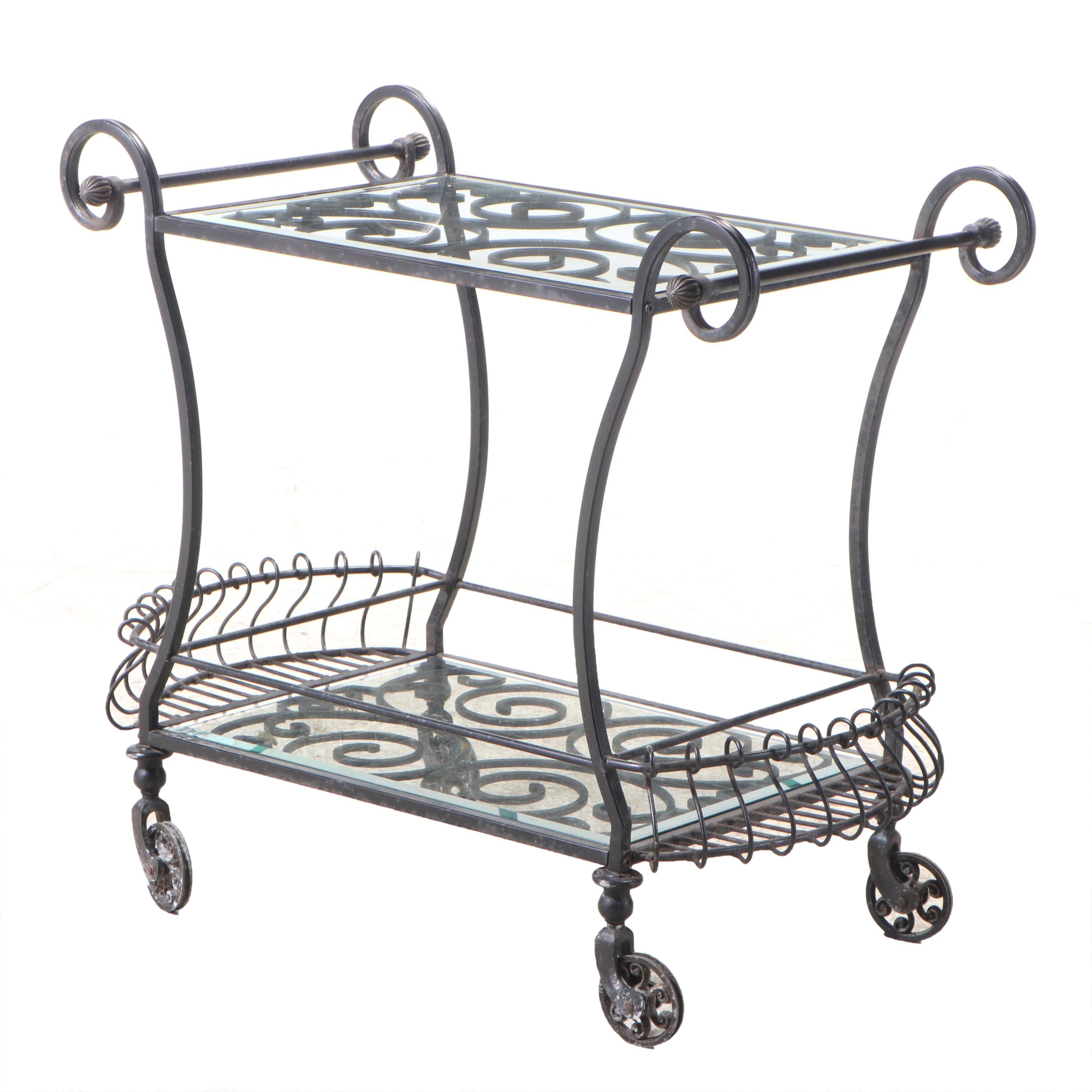 Glass Top Metal Scrollwork Rolling Bar Cart EBTH
