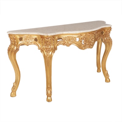 Baroque Style Carved Giltwood and Faux Marble Top Console Table