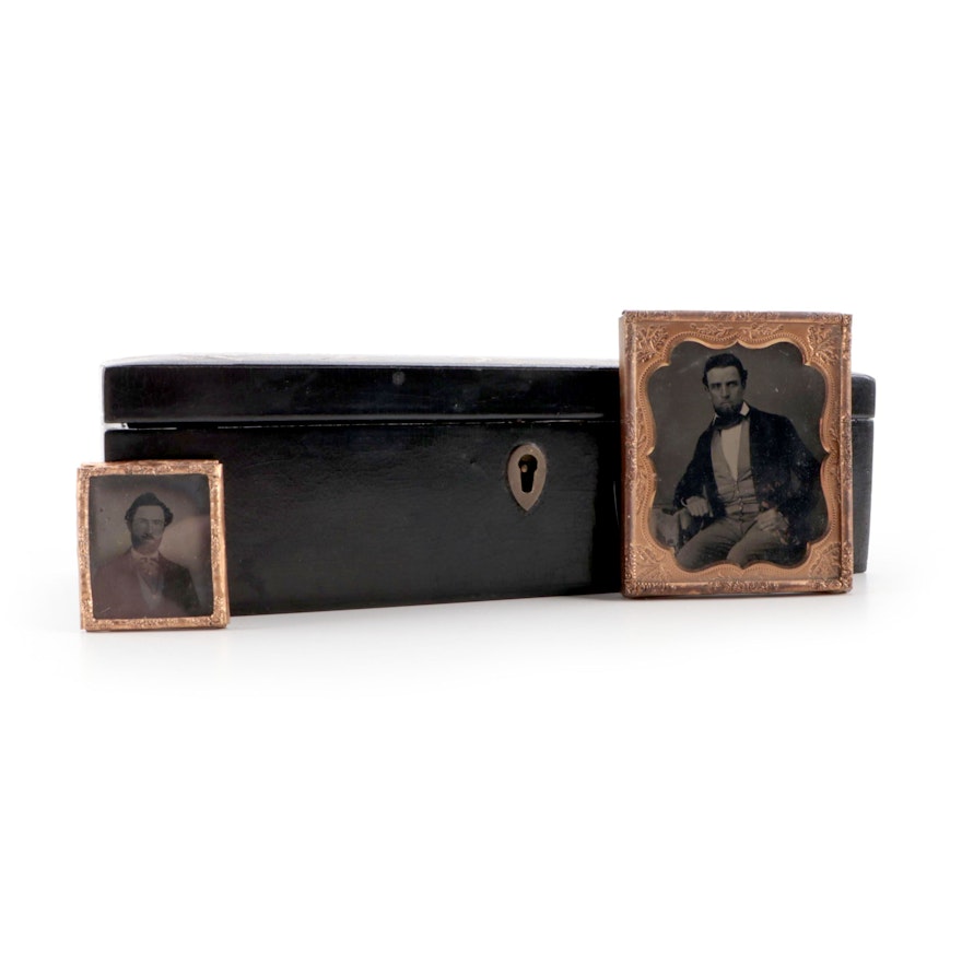 Victorian Mother-of-Pearl Inlaid Papier-Mâché Box with Photographs