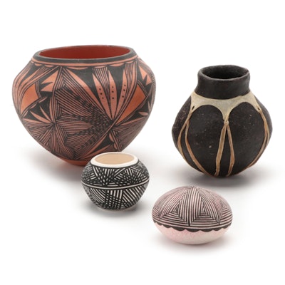 Acoma Pueblo Pottery Seed Pot and Jars with Hide Wrapped Earthenware Jar