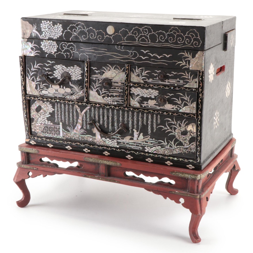 Japanese Mother-of-Pearl Inlaid Lacquerware Chest with Carved Wooden Base