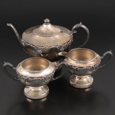 SP Company Silver Plate English Reproduction Teapot, Creamer and Sugar
