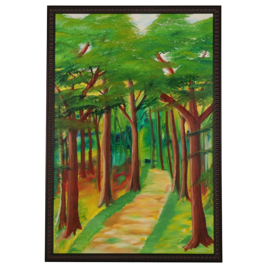 Landscape Acrylic Painting of Forest Hiking Path, 21st Century