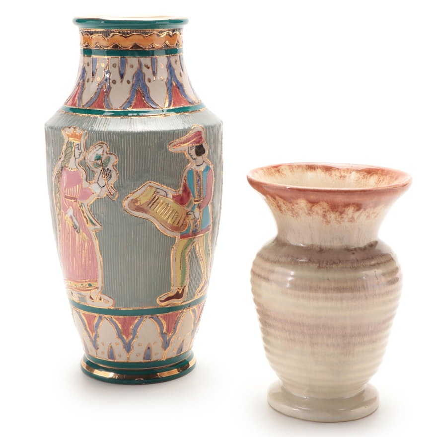 Strehla Keramik Art Pottery Vase with Italian Deruta Majolica Vase