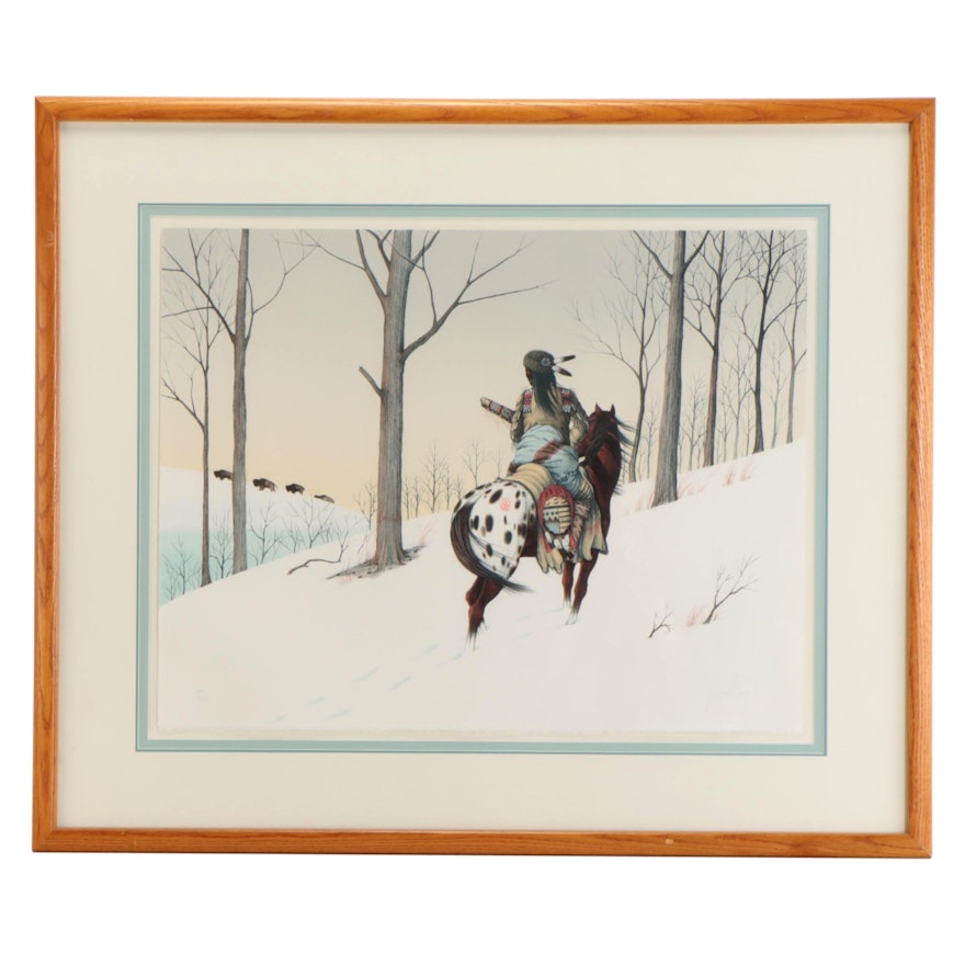Donald Vann Winter Scene Lithograph of Cherokee on Horseback