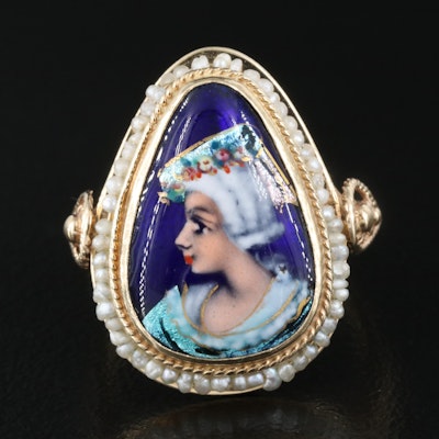 14K Seed Pearl and Enamel Portrait Miniature Ring