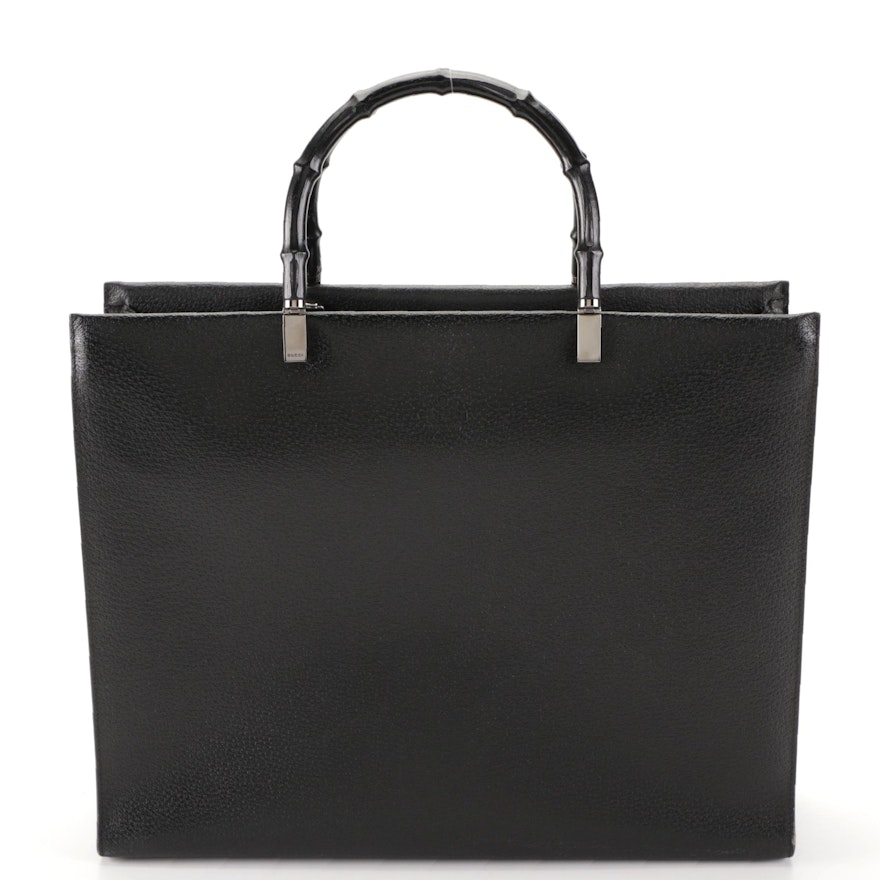Gucci Bamboo Handle Structured Tote in Black Cinghiale Leather