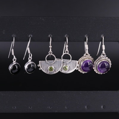 Sterling Silver Earring Collection Including Peridot and Amethyst