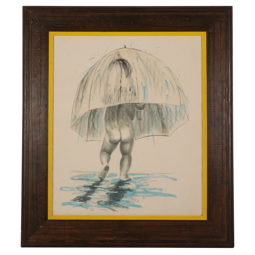 Peter Jon Color Lithograph of Naked Child Holding Umbrella, Late 20th Century