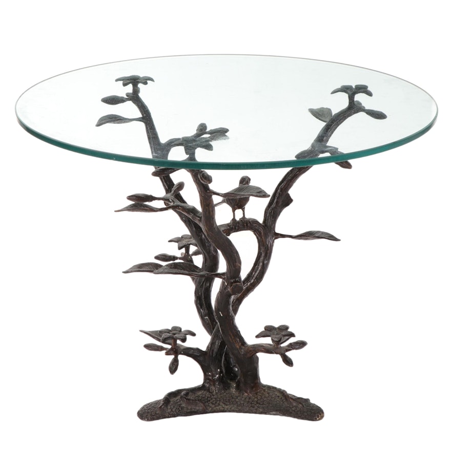 Willy Daro Glass Top Bronze Metal Bird and Tree Side Table