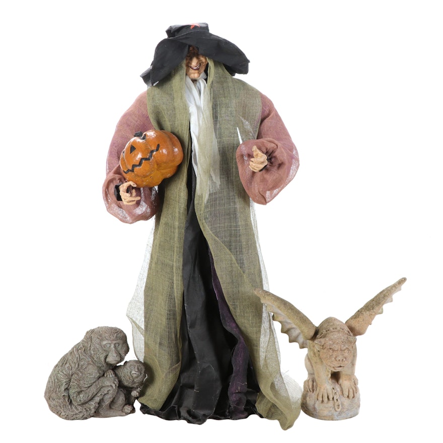 Witch Halloween Statue with Concrete Gargoyle and Monkey Garden Statues