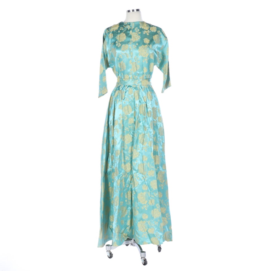 Fitted Pleated Hostess Dressing Gown in Silk Damask with Tassels, 1960s