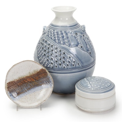 Glazed Art Pottery Vase, Lidded Bowl, and Decorative Plate