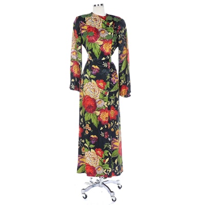 Bold Multicolor Floral Print Hostess Gown with Green Cord Trim and Tassels