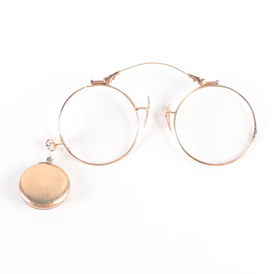 10K Gold Frame Pince-Nez Glasses with Retractable Chain Pin