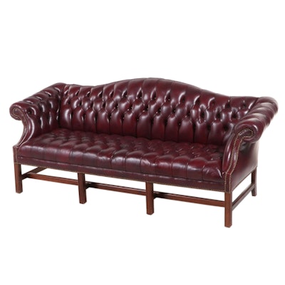 Chippendale Style Tufted Leather Camel-Back Sofa