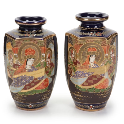 Japanese Moriage Satsuma Hand-Painted Ceramic Vases