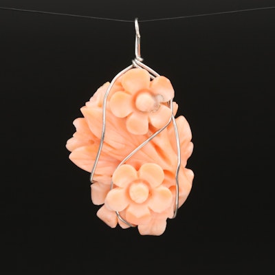 Carved Coral Flower Pendant with Platinum Wrap