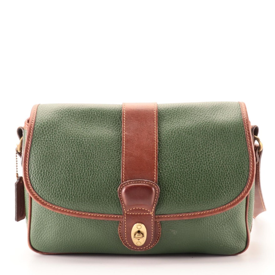 Coach Flap Shoulder Bag in Green Pebbled Leather with Brown Leather Trim