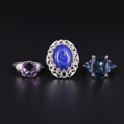 Sterling Silver Ring Trio Including Amethyst and Lapis Lazuli
