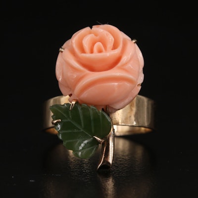 14K Coral and Nephrite Carved Rose Flower Ring