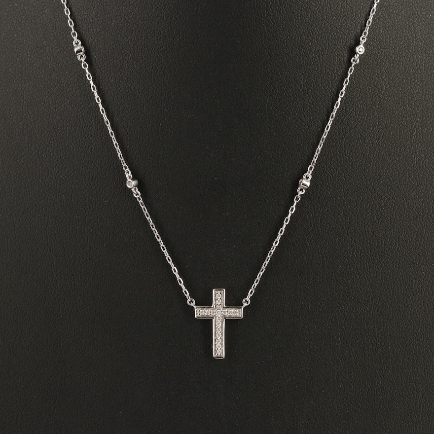Sterling Diamond Cross Pendant Station Necklace