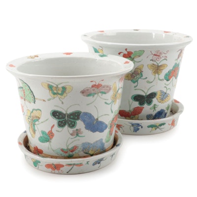 Chinese Enameled Porcelain Butterfly Motif Planters with Drip Plates