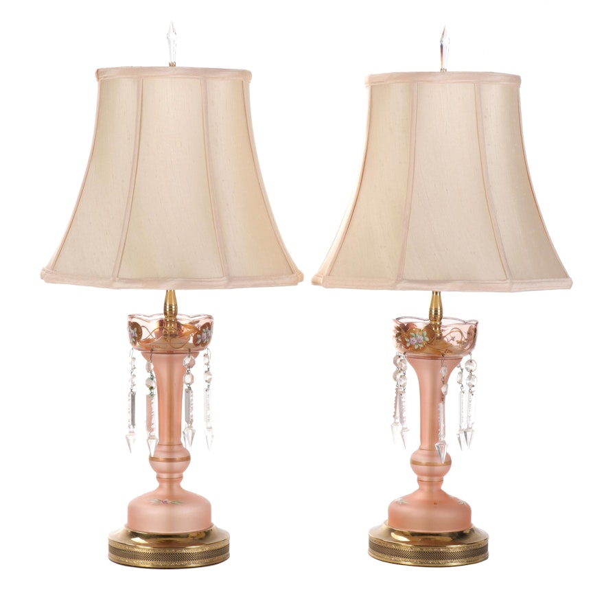 Pair of Hand Painted Satin Glass Lamps, Mid to Late 20th Century