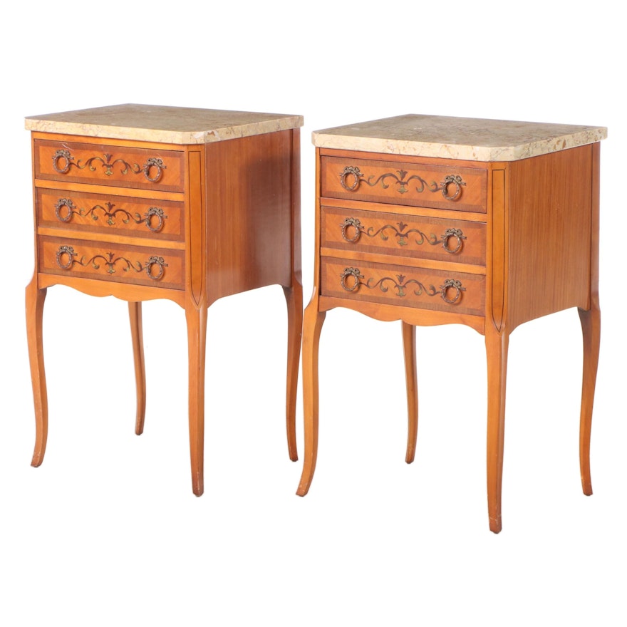 Pair of Louis XV Style Paint-Decorated Nightstands with Marble Tops