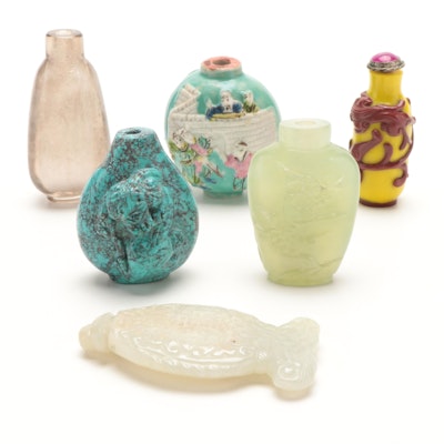 Chinese Carved Serpentine, Turquoise, Glass and Other Snuff Bottles
