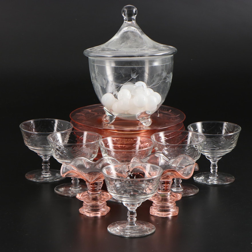 Pink Etched Glass Plates with Other Etched Glass Covered Dish and Tableware