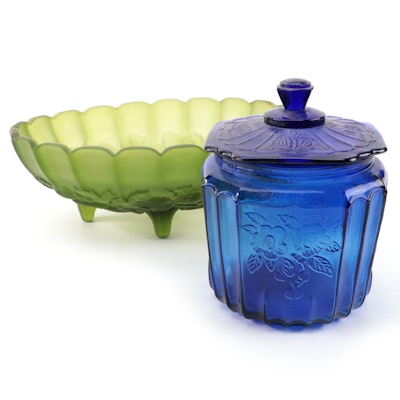 Indiana Glass Green Satin "Harvest Fruit" Bowl and Other Blue Cookie Jar
