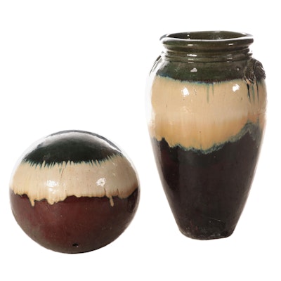 Contemporary Drip Glazed Ceramic Urn Planter and Garden Orb