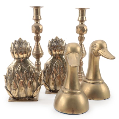 Brass Duck Head and Artichoke Bookends with Beehive Candlesticks