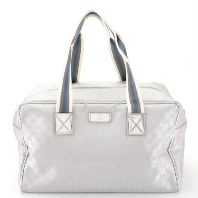 Gucci Small Duffle Bag in Silver GG Canvas and Leather Trim with Web Handles
