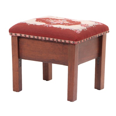 Arts & Crafts Style Needlepoint Upholstered Footstool, Early 20th Century