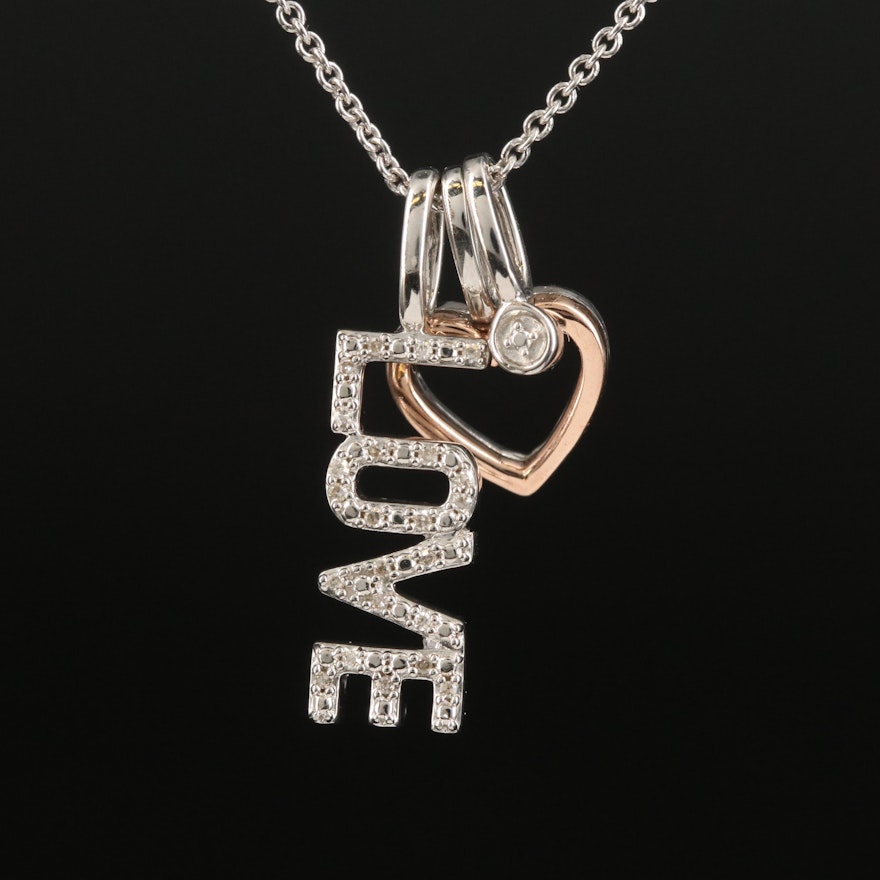 Sterling Diamond "Love" and Heart Pendant Necklace with 10K Rose Gold Accent