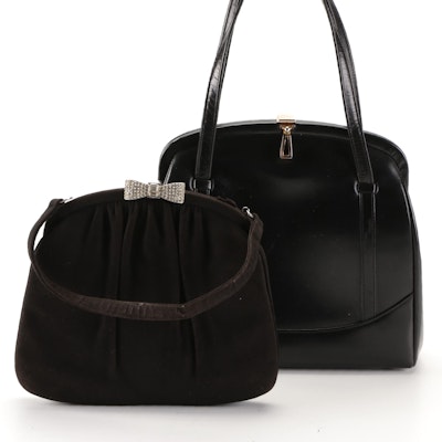 Dofan Small Hard Frame Hand Bags in Black Pleated Suede and Smooth Leather