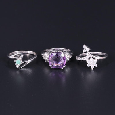 Sterling Silver Ring Collection Including Emerald and Amethyst
