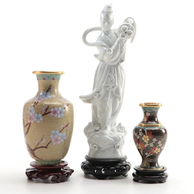 Chinese Cloisonné Vases and Blanc de Chine Guan Yin Figurine