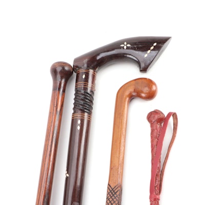 Wooden Walking Sticks and Leather Riding Crop Including MOP Inlays