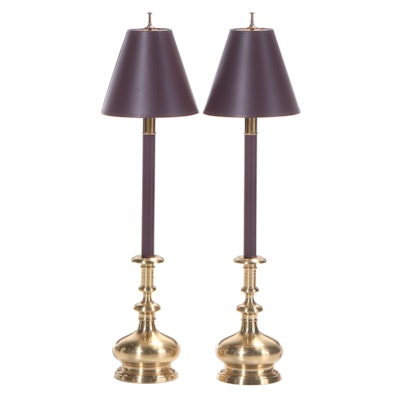 Pair of Brass and Eggplant Candlestick Lamps