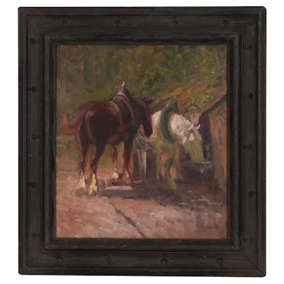 Oil Painting of Farm Scene With Horses