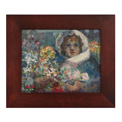 Kevin Kasik Oil Painting of Woman Holding Flowers "Kyiv Flower Seller"