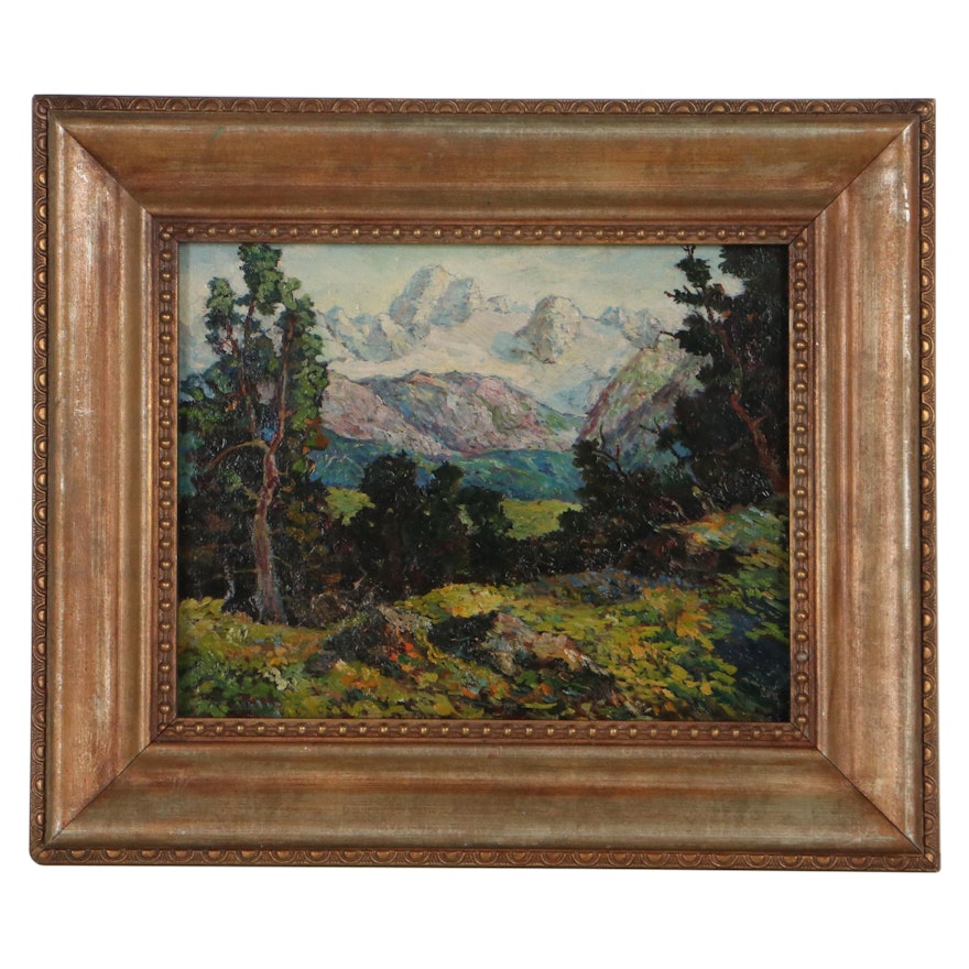 Post-Impressionist Style Mountain Landscape Oil Painting With Rolling Hills