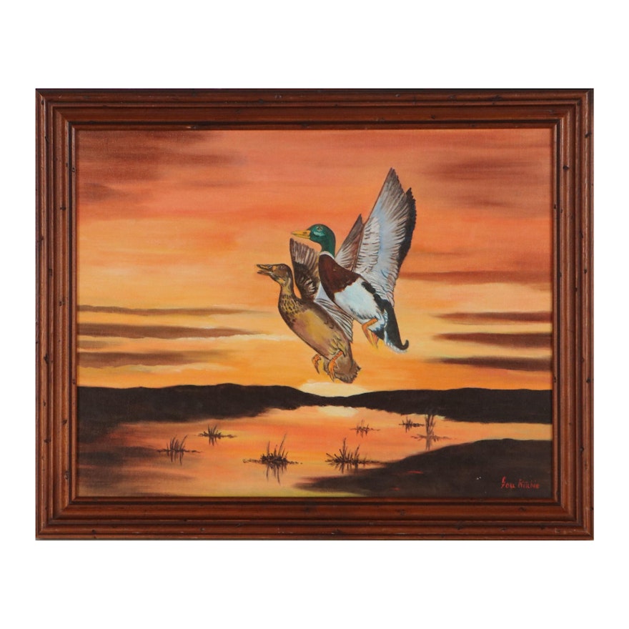 Lou Ritchie Oil Painting of Mallards in Flight, Late 20th Century