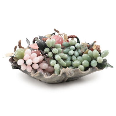Carved Soapstone Centerpiece Bowl with Rose Quartz and Other Stone Grapes
