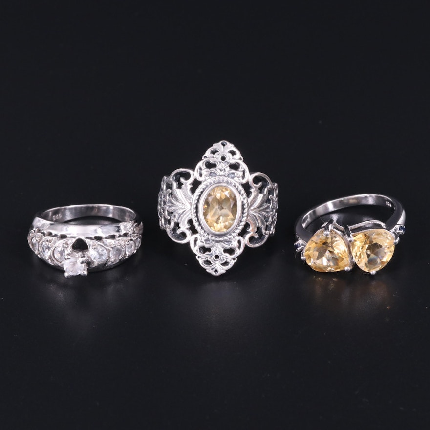Sterling Silver Ring Collection Including Topaz and Citrine